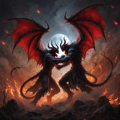 The primary subject of the image is a pair of demonic-looking creatures, possibly dragons, with their wings spread wide. They are standing on a rocky surface, possibly a volcano, with a moon in the background. The visual style of the image is digital art, and the dominant colors are red and black, creating a dramatic and intense atmosphere.